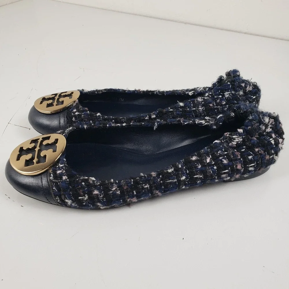 Tory Burch Serena Tweed Ballet Flats Navy Blue Gold Logo‎ Medallion Size 7M